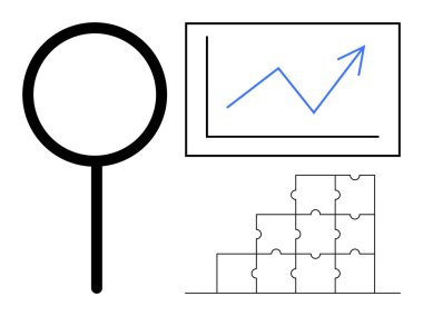 Analiz konsepti. Büyüteç, büyüme tablosu ve bulmaca parçaları analizi, veri eğilimleri ve problem çözme. Karar verme, iş stratejisi ve veri yönetimi analizi. Pazar için.