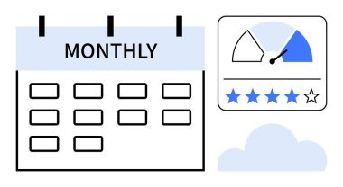 Aylık program konsepti. Aylık takvimler görevlerin düzenlenmesine yardımcı olur. Aylık değerlendirmeler performans takibi için puanlama ölçümleri ve bulut simgeleri kullanır. Verimlilik, planlama ve eleştiriler için mükemmel.