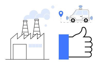 Özerk araç entegrasyonu kavramı. Modern bir fabrika ve onay ikonu yakınında GPS bağlantısı olan otonom bir araç. Özerk teknoloji gelişimi, lojistik ve akıllı üretimi ön plana çıkarıyor