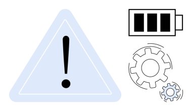 Güvenlik, enerji yönetimi, sistem uyarıları, verimlilik geliştirmeleri, güç seviyeleri, makine kontrolü. Üçgende ünlem işareti, batarya durum dişlileri. Güvenlik ve enerji yönetimi kavramları