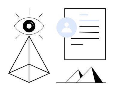 Gözetleme, kimlik doğrulama, belgeler, veri güvenliği, yapay zeka, kavramsal tasarım. Piramidin üstündeki bir göz, bir profil simgesi ve piramitleri belgelemek. Gözetleme ve kimlik