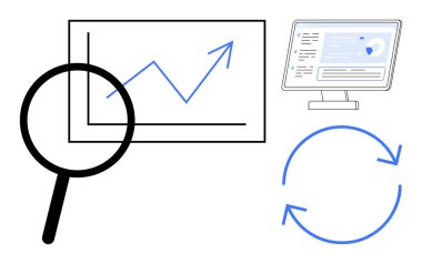 İş büyümesi, piyasa eğilimleri, araştırma, iş akışı, analitik, teknoloji. Grafikte büyüteç, verileri gösteren monitör ve dairesel oklar. İş büyümesi ve piyasa eğilimleri örnekleme