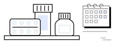 Pill bottles, blister pack, and marked calendar emphasizing organized medication intake. Ideal for healthcare, wellness planning, routine tracking, pharmacy, self-care, time management medical