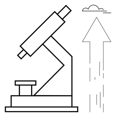 Bilim, eğitim, büyüme, yenilik, araştırma, başarı. Mikroskobun minimalist çizimi ve bulutlu yukarı doğru ok. Büyüme ve bilim konsepti