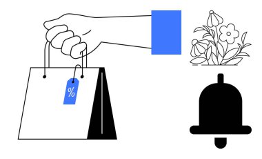 Çevrimiçi alışveriş, perakende indirimler, tebligatlar, e-ticaret, satış promosyonları, basitlik. Bir el, çan ikonu ve çiçek resimleriyle çevrili indirimli etiketli bir alışveriş çantası tutuyor. İnternetten alışveriş