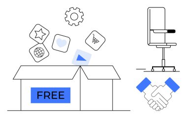 İş fikirleri, dijital araçlar, uzaktan çalışma, serbest kaynaklar, işbirliği, takım çalışması. Etiketsiz açık kutu, simge tokalaşması ve ofis sandalyesi. Serbest kaynaklar ve işbirliği kavramları