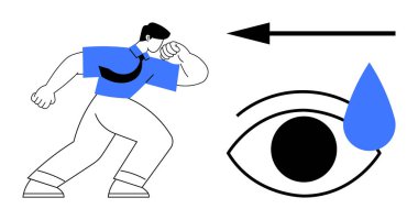 Duygusal bir ifade. Duyguların görselleştirilmesi, insan figürü, gözyaşı ile göz, ve duyguların hareketine ok. Duygusal zorluklar, zihinsel sağlık, iletişim, görsel hikaye anlatımı, tasarım