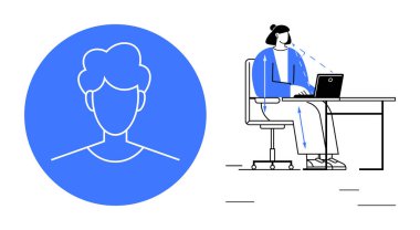 İşyeri ergonomik konsepti. İşyeri ergonomisi uygun bilgisayar kullanımı ve duruşu gösteriyor. İşyeri ergonomisi rahatlığı, verimliliği ve sağlığı sağlar. Ofis tasarımı ve eğitim için uygun