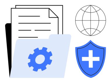 Veri koruması, siber güvenlik, bulut depolama, küresel bağlantı, sağlık kayıtları, dosya paylaşımı. Vitesli bir klasör, haçlı bir kalkan ve dünya ikonu. Veri koruması ve siber güvenlik