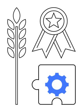 Tarım, yenilik, takım çalışması, üretkenlik, tanınma, ödül. Buğday kulağı, madalya ve dişli ikonlu yapboz parçası. Tarım ve yenilik fikirleri sanayi ve başarı sembolleri