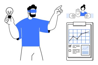 Sanal gerçeklik, yenilik, takım çalışması, teknoloji entegrasyonu, verimlilik, trend analizi. Ampullü VR kullanan bir adam, panoda bir grafik ve takım çalışması sembolleri. Sanal gerçeklik