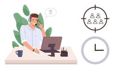 Müşteri hizmetleri temsilcisi kulaklık takıyor, müşterilerle masada konuşuyor. Takım çalışması, etkili iletişim, verimlilik, zaman yönetimi, müşteri odağı, problem çözme, basit düz