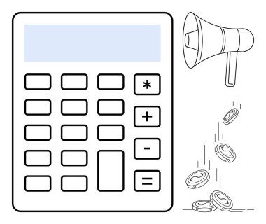 Finansal planlama, çevrimiçi reklamlar, bütçe yönetimi, pazarlama stratejileri, dijital ekonomi, gelir hesapları. Hesap makinesi, megafon ve bozuk para. Finansal planlama ve çevrimiçi reklam kavramı