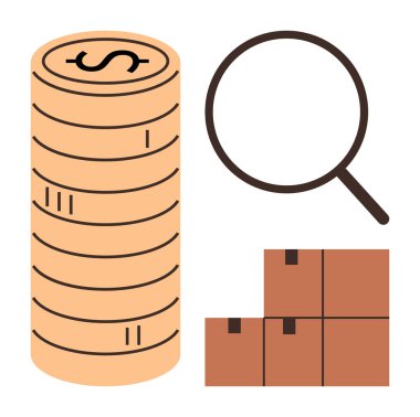 Bozuk para yığını, büyüteç ve paketleme kutuları ekonomik değeri, incelenmesi ve tedarik zincirini vurguluyor. Finans, analiz, ticaret envanter lojistiği ticareti için idealdir. Basit.