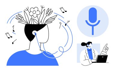 Akıl sağlığı, müzik terapisi, çevrimiçi eğitim, ses teknolojisi, danışmanlık, yaratıcılık. Çiçek kafalı müzik dinleyen kişi, bir masada mikrofon ikonu danışmanı. Ruh Sağlığı