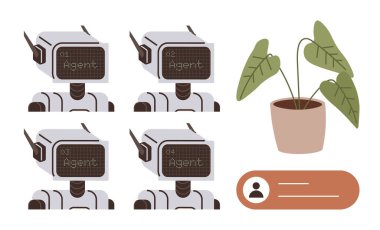 Bir saksı fabrikasının yanına yerleştirilmiş dört robot ve boş bir profil tutucu. Yapay zeka, takım çalışması, ekoloji, teknoloji, kimlik, robot bilimi ve yenilik için ideal. Basit düz metafor