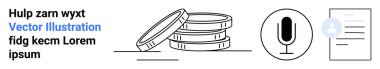 Finans, dijital iletişim, ses kaydı, iş dünyası, medya yaratımı ve belgeler. Yığınla bozuk para, mikrofon ikonu ve bir belge. Mali ve dijital iletişim çizildi