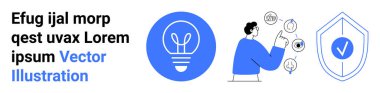 Yenilik, güvenlik, dijital dönüşüm, iletişim, veri koruması, takım çalışması. Bir ampul, ikonlu bir insan ve işaretli bir kalkan. Yenilik ve güvenlik kavramı