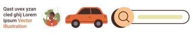 Çevrimiçi aramalar, araba kiralama, kullanıcı hesapları, dijital navigasyon, iş platformları, web tasarımı. Turuncu araba, avatar ve arama barı. Çevrimiçi aramalar ve araba kiralama kavramı