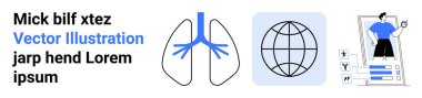 Sağlık, ilaç, küresel sağlık, solunum sistemi, tanı, teknoloji. Görsel elementler arasında akciğerler, bir küre ve dijital uygulama arayüzündeki bir kişi yer alıyor. Sağlık ve küresel sağlık hizmetlerine odaklanın