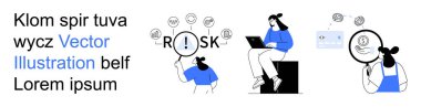 Risk yönetimi, karar verme, veri analizi, iş planlaması, siber güvenlik, danışmanlık. Kadın ikonları büyüteçle analiz ediyor, diğeri de dizüstü bilgisayarla çalışıyor. Risk yönetimi ve karar verme