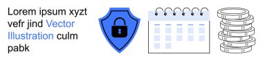 Siber güvenlik, finansal planlama, veri koruması, çevrimiçi hizmetler, programlama ve ödeme güvenliği. Kilitli mavi kalkan, takvim para yığını. Siber güvenlik ve finansal planlama kavramı