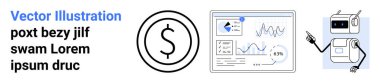 Finansal teknoloji, veri analizi, otomasyon, yapay zeka, yatırım stratejileri, dijital araçlar. Çizelgeli panel, dolar işareti ve robot. Finansal teknoloji ve veri analizi