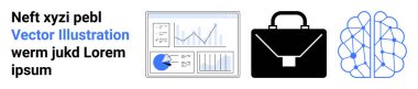 Analitik gösterge paneli, işi sembolize eden evrak çantası ve nöral ağ gibi soyut unsurlar. Veri bilimi, yapay zeka, iş stratejisi, teknolojik yenilik, başlangıç, gelecekçi kavramlar için ideal