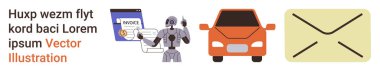 Yapay zeka, otomatik fatura, akıllı ulaşım, iletişim, robot bilimi, yenilik. Faturası, arabası ve zarfı olan bir robot. Çeşitli otomasyon ve yapay zeka yenilik kavramları