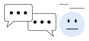 Çevrimiçi mesajlaşma, kullanıcı etkileşimi, sosyal iletişim, akıl sağlığı, diyalog değişimi, dijital konuşmalar. İki sohbet balonu ve tarafsız yüz ikonu. Çevrimiçi mesajlaşma ve kullanıcı etkileşimi