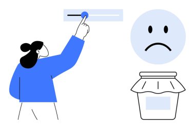 Geri bildirim konsepti. Kişi kaydırma geribildirimi ya da tercih ayarlaması ile etkileşime girer. Geri besleme sistemleri kullanıcı deneyimlerini ve tatminsizliği arttırır. Teknoloji, UX tasarımı, anketler, müşteriler için ideal