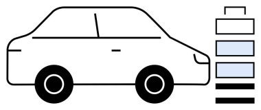 Elektrikli araba ve dikey batarya seviyeleri şarj durumunu gösteriyor. Sürdürülebilirlik, temiz enerji, elektrikli araç, çevreci farkındalık, yenilenebilir güç, eko-teknoloji, hareketli yenilik için ideal. Basit.