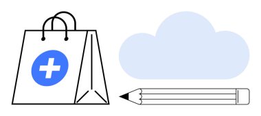 Çevrimiçi alışveriş, dijital hizmetler, yaratıcı araçlar, veri depolama, e-ticaret, tasarım. Beyaz arka planda çapraz, bulut ve kalem olan çantalar. Çevrimiçi alışveriş ve dijital servis kavramı