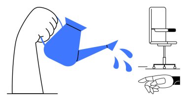 Sürdürülebilirlik, teknoloji gelişimi, otomasyon, yapay zeka, büyüme, modern iç mekanlar. Bir el sulama kutusundan su döker, robot bir el ve minimumda bir sandalye. Sürdürülebilirlik