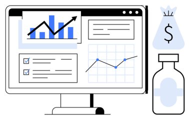 Dijital monitör, analitik grafikler, grafikler ve veri içgörülerinin yanı sıra para çantası ve kavanoz gibi yatırım simgelerini gösteriyor. Ticari büyüme, mali planlama, veri analizi, hisse senedi için ideal