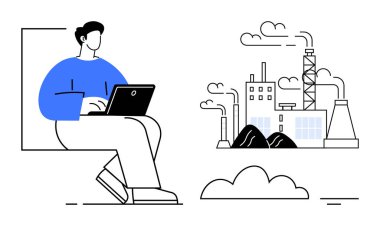 Çevresel etki kavramı. Fabrika bacalarının duman yaydığı endüstriyel kirlilik. Endüstri, sürdürülebilirlik ve uzak çalışmayla ilgili çevresel etki. Ekoloji ve endüstri için harika.