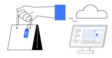 E-ticaret, bulut depolama, çevrimiçi ödeme sistemleri, perakende çözümler, alışveriş analizleri, dijital pazarlar. Bir el, ekranın yanında indirimli etiketli bir alışveriş çantası ve bulut simgesi tutuyor. E-ticaret
