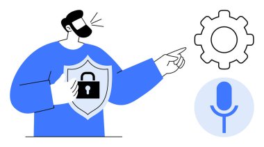 Siber güvenlik, gizlilik koruması, teknoloji arayüzleri, çevrimiçi iletişim, veri güvenliği ve erişim kontrolü. Elinde kilit simgesi, mikrofon ve teçhizat tutan resimli kişi.