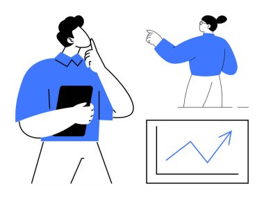 İş planlaması, takım çalışması, strateji, veri analizi, profesyonel büyüme, fikir üretimi. İş adamı elinde bir tablet tutarken düşünüyor. Meslektaşı büyüme tablosunu sunuyor. İş planlaması