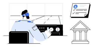 Operatör izleme odasındaki kontrol panelini ayarlıyor, kontrol listesine ve hükümet binasına eşlik ediyor. Uyum, yönetim, işlemler, iş akışı yönetimi, sorumluluk ve izleme için ideal