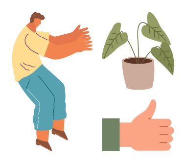 Kollarını uzatan adam, yeşil yapraklı saksı bitkisi ve baş parmak hareketi. Büyüme, onay, sürdürülebilirlik, olumlu zihniyet, çevre dostu eylemler, ekip çalışması için ideal. Basit düz metafor