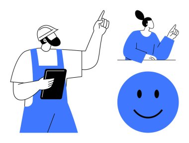 İş yeri iletişimi. Elinde tablet tutan bir inşaat işçisi, tartışma içinde olan bir iş kadını ve iş yerinde olumlu iletişim kuran mutlu bir yüz. Takım çalışması için, profesyonel.