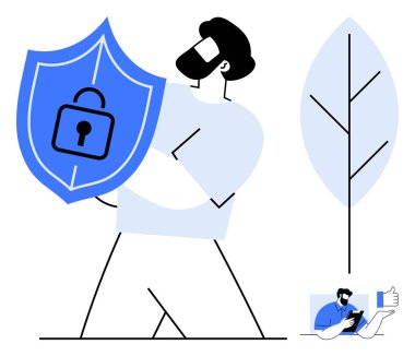 Siber güvenlik, veri koruması, gizlilik çözümleri, çevrimiçi güvenlik, kişisel güvenlik, dijital kimlik. Sakallı bir adam minimalist bir ağacın yanında asma kilit ikonu olan bir kalkan tutuyor. Siber güvenlik ve veri