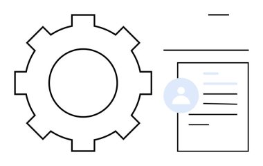İş akışı yönetimi, otomasyon, kullanıcı kimliği, teknik süreçler, sistem entegrasyonu, veri işleme. Vites sembolü, kullanıcı simgesi olan belge. İş akışı yönetimi ve otomasyon kavramı