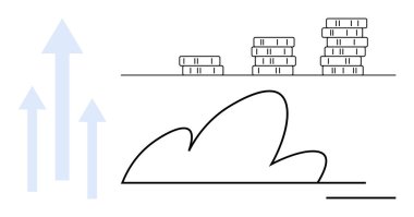 Teknoloji altyapısı, finansal büyüme, veri depolama, ekonomik ilerleme, iş stratejisi, yenilik. Yığınla bozuk para ve yukarı doğru ok. Teknoloji altyapısı ve finansal büyüme kavramı