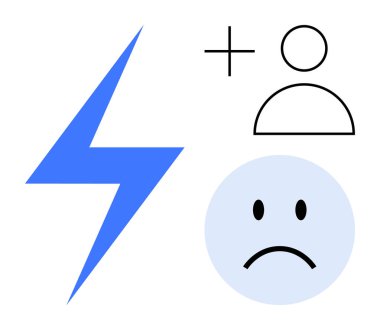 Enerji ve duygu kavramı. Güç için şimşek, bağlantı için insan simgesi ve duygu için üzgün yüz enerji, duygular ve ilişkileri hakkında net bir mesaj oluşturur. Enerji için, duygular