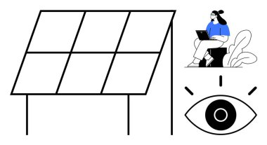 Yenilenebilir enerji kavramı. Güneş paneli sürdürülebilirliği, teknoloji entegrasyonu için dizüstü bilgisayar kullanan biri. Yenilenebilir enerji yeniliği, sürdürülebilirliği ve çevreyi korumayı destekler