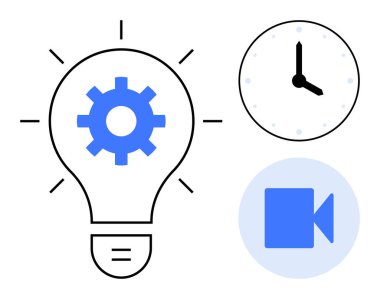 Yenilik, üretkenlik, dijital araçlar, zaman yönetimi, online toplantılar, iletişim. Teçhizatlı ampul, saat ve video kamera ikonu. yenilik ve zaman yönetimi kavramları