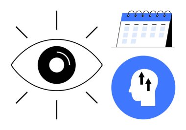 Görsel algı konsepti. Cesur bir göz sembolü, planlama için bir takvim ve kendini geliştirmek için bir büyüme zihniyeti simgesi. Görsel algı odaklanmayı ve öncelikleri arttırıyor. Verimlilik için.