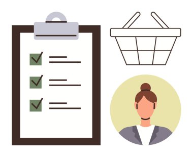 Yeşil işaretli, alışveriş sepetli ve iş elbiseli kadınlar için geniş bir kontrol listesi. Planlama, organizasyon, görev yönetimi, alışveriş, verimlilik işi karar verme için idealdir. Temiz